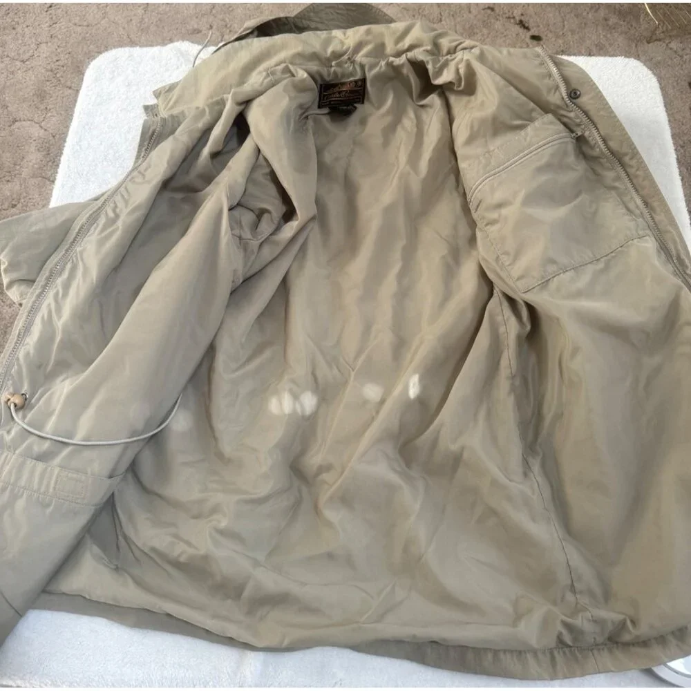 VTG Eddie Bauer Safari Jacket Men's L Tan Drawstring Mock Collar Mid‑Length Coat